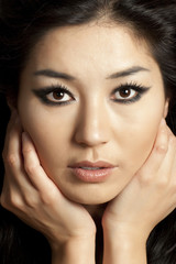Fototapeta na wymiar Beautiful asian woman face with grey background