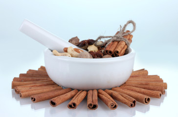 Composition of mortar with nuts and cinnamon isolated on white