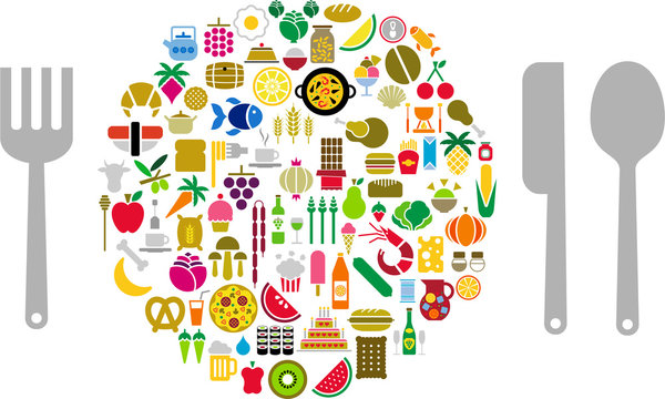 Food and beverage icons in form of sphere with silverware