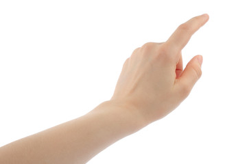 Woman hand on white background