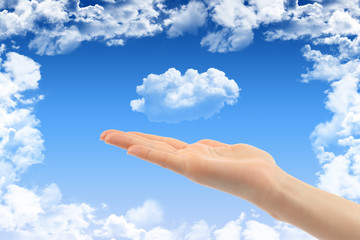 Cloud computing concept with woman hand