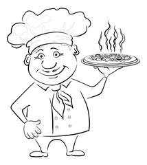 Cook holds a hot pizza, contour