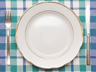 Knife, white plate and fork on blue checked tablecloth