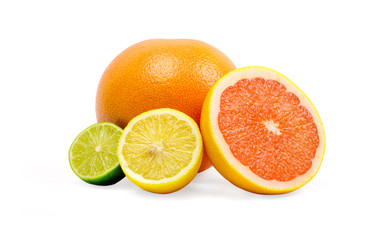 image of a fresh whole lime,lemon and orange isolated on white