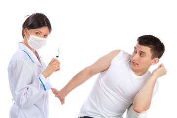 Doctor and man fear of syringe injections phobia
