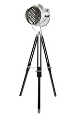 modern chrome floor lamp with three black wooden legs, isolated