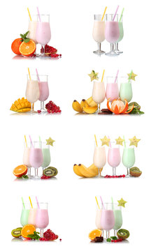 collage of eight compositions milkshakes with fruits isolated
