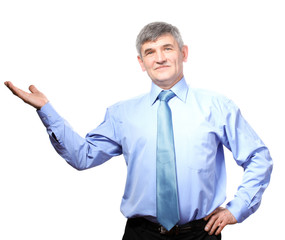 serious businessman presenting showing with copy space for your