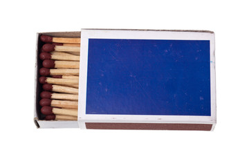 Matchbox full of matchsticks isolated on white background