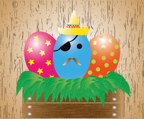 Three decorated easter eggs in wooden box.