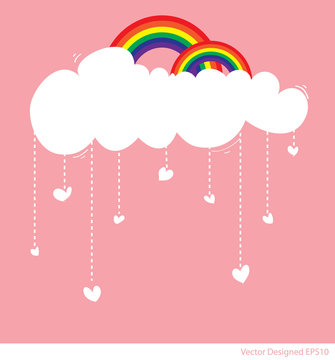Rainbow with cloud and rain of love hearts