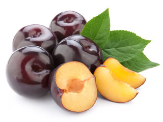 plum with leaf isolated on white background