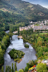 River flowing by a small town