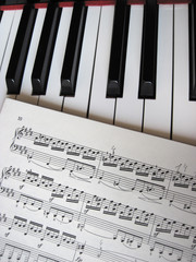 Piano keys with notes, musical background.