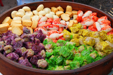 Meat and vegetables in the bowl on market