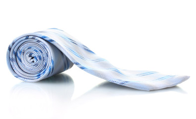Blue rolled tie isolated on white