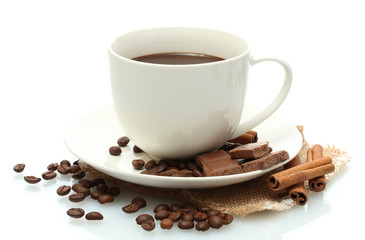 cup of coffee and beans, cinnamon sticks and chocolate isolated