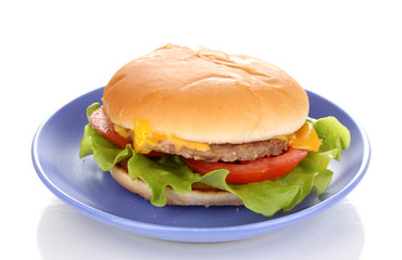 Tasty cheeseburger on plate isolated on white