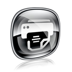 Fototapeta premium printer icon black glass, isolated on white background.
