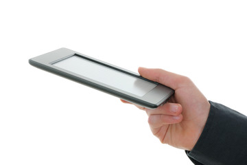 E-reader and hand.