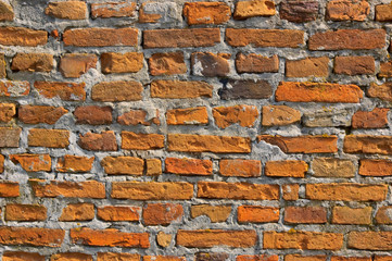Old brick wall with an inaccurate bricklaying
