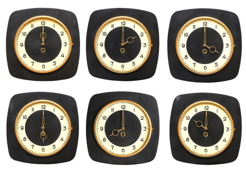 Collection old clocks wall on white background. Timezone clock