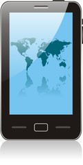 touch smartphone  with world map wallpaper
