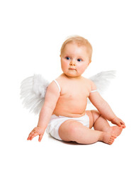 Cute infant angel with wings isolated on white