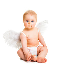 Cute infant angel with wings isolated on white