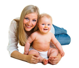 Mother holding cute infant girl isolated on white