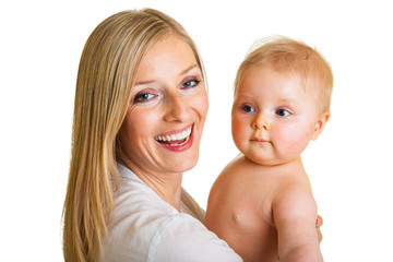 Mother holding cute infant girl isolated on white