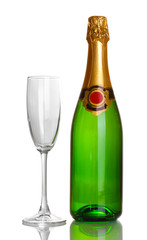 Bottle of champagne and goblet isolated on white