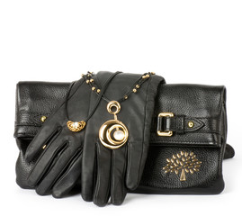 Fashionable handbag, gloves and golden jewelry
