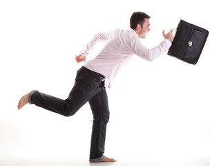 Businessman running with a briefcase isolated