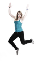 Young female Happy woman jumping with arms up isolated