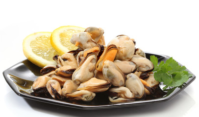 Pile of raw mussels over white