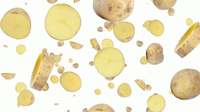 Potatos falling down on white background
