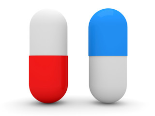 Red and Blue Pill on White Background