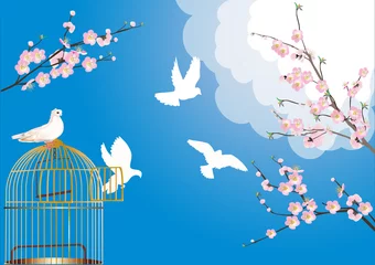 Papier Peint photo Lavable Oiseaux en cages colombes libres et fleurs de cerisier