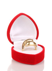 Gold ring with clear crystals in red velvet box isolated