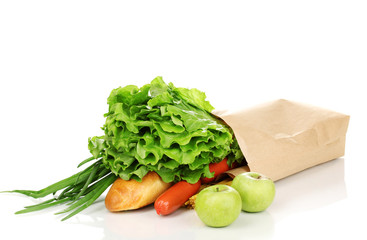 Paper bag with food isolated on white