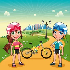 Foto auf Alu-Dibond Park with young bikers. Cartoon vector scene. © ddraw