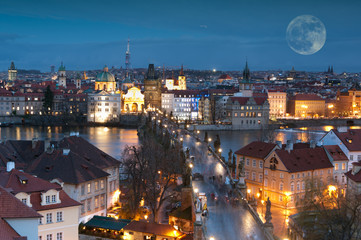 Night panorama of Prague, Czech Republic..