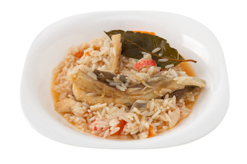 rice with fish on the white plate
