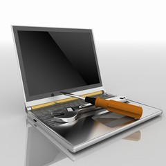 3d illustration of laptop with screwdriver and wrench
