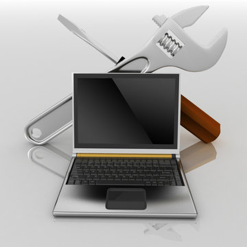3d illustration of laptop with screwdriver and wrench