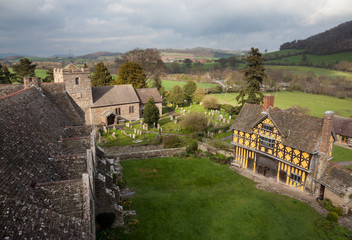 Stokesay Castle in Shropshire on cloudy day