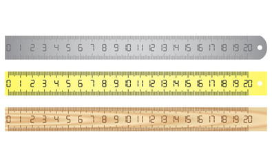 Set of steel, wood and plastic rulers