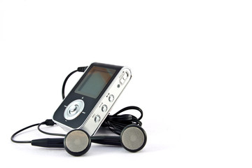 mp3 player and headphones. Portable music player showcase home office electronic device minimalist...
