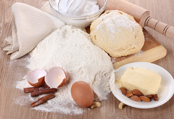 Ingredients for the dough wooden table